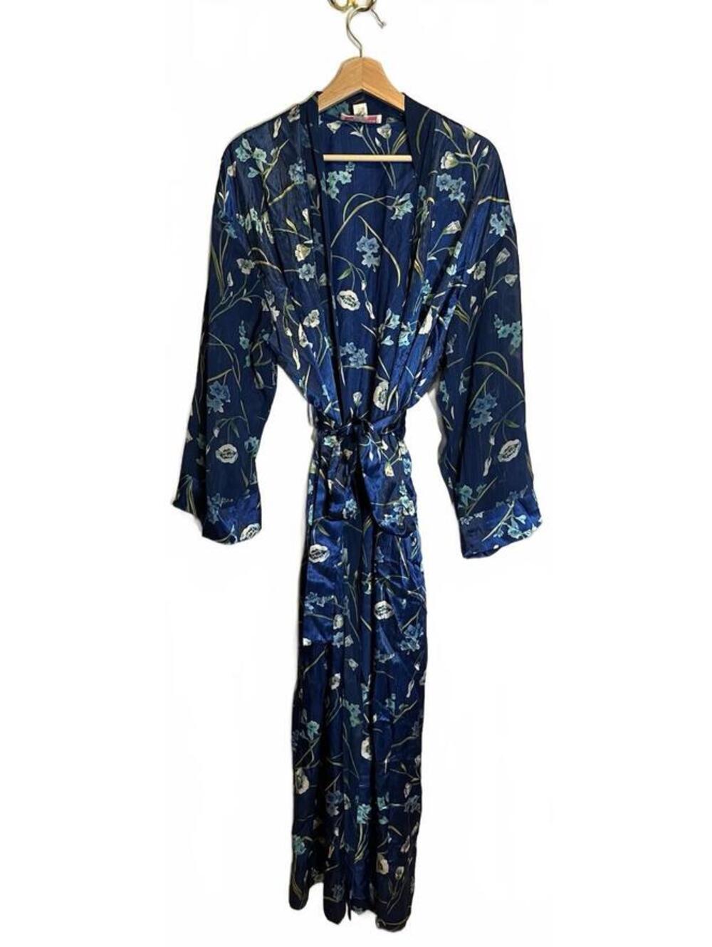 Vintage Dressing Gown XL Kimono Floral Blue Robe Oscar de La Renta Sheer Sleeves